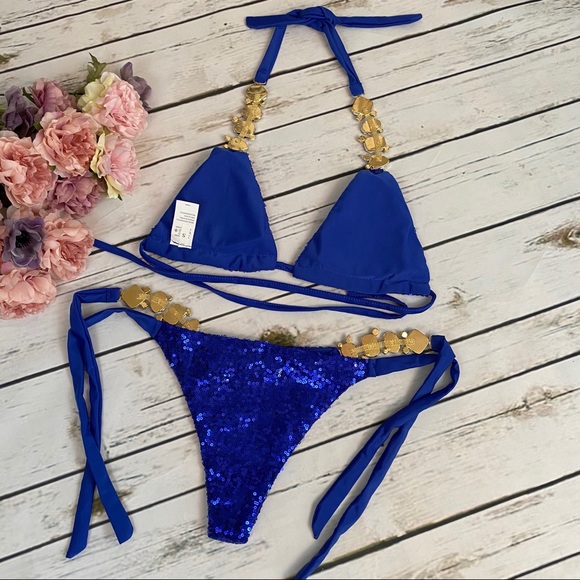 Blue Diamond Sequin Crystal Rhinestone Bikini - Picture 6 of 13